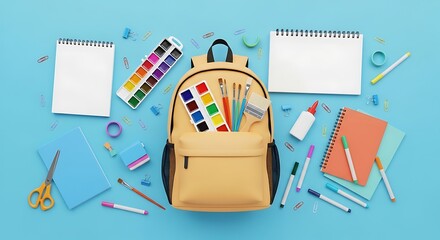 Back to school concept with a yellow backpack surrounded by art and stationery supplies like watercolors, notebooks, and brushes on a blue background.