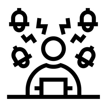 Icono de estr&eacute;s digital. Sobrecarga tecnol&oacute;gica, ansiedad digital y multitarea. Persona con laptop y m&uacute;ltiples notificaciones volando alrededor. Ilustraci&oacute;n vectorial 