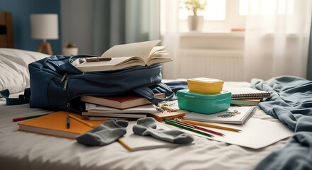 The authentic reality of student life with a messy backpack and school supplies scattered on a bed