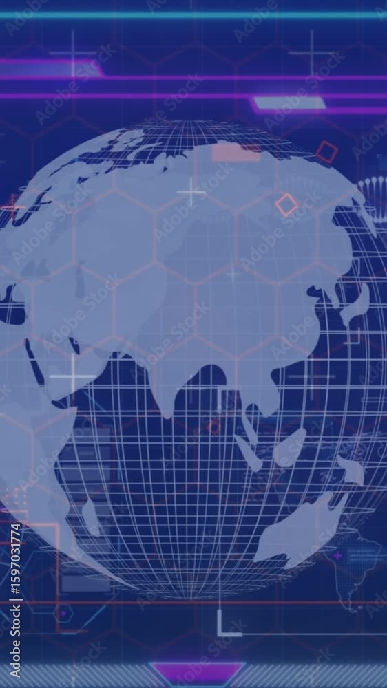 Poster animation of infographic data processing with globe on digital interface