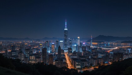 Obraz premium Night Cityscape: A Panoramic View of Illuminated Skyscrapers