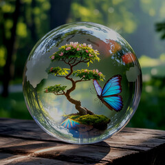 Magical glass orb holding a tree and a butterfly &mdash; symbol of life.