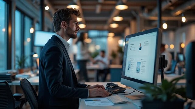 Typing on Computer in Office Focused Young Professional Working