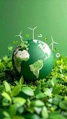 Green Earth globe, surrounded by foliage and wind turbines, representing sustainability