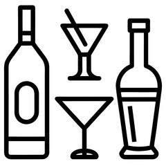 Simple line art of alcohol bottles and martini glasses on white background