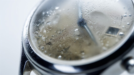 ガラスの内側に水滴が残る水没した腕時計
