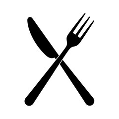 Black Silhouette of Crossed Knife and Fork on White Background