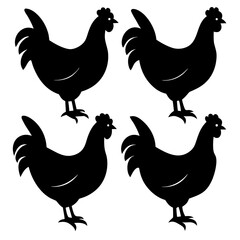 Four black chicken silhouettes on a white background in a square formation