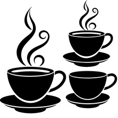 Three stylized black and white coffee cups with steam on saucers