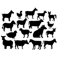 Collection of Farm Animals Silhouettes Including Cows Sheep Goats Horses and Poultry