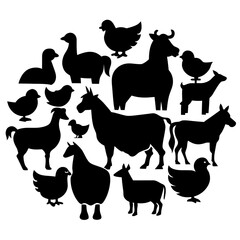 Farm Animals Silhouette Collection in a Circular Arrangement on White Background