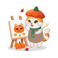 Vector art of a cat is painting a pumpkin on a canvas, isolated on white background