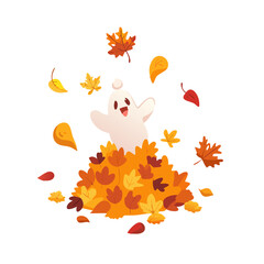 Vector art of a cute ghost plays in a pile of autumn leaves, isolated on white background