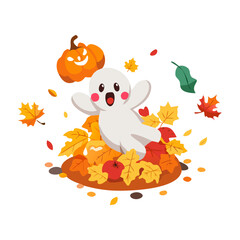 Vector art of a cute ghost plays in leaves with a pumpkin, isolated on white background