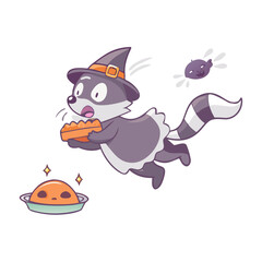 Vector art of a cartoon raccoon witch carrying a pie isolated on white background