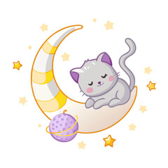 Vector art of a cute cat is sleeping on the moon isolated on white background