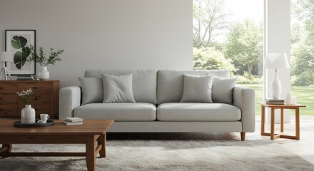 Fototapeta premium Living room with sofa and wooden furniture near window