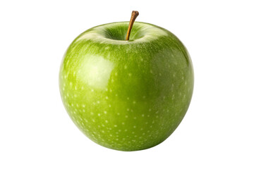 Single vibrant green apple with stem and subtle white speckles against a transparent background