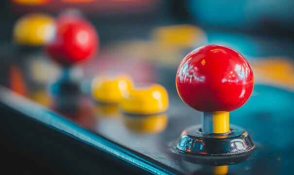 Close-up joystick and button of 80s arcade game machine