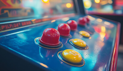 Close-up joystick and button of 80s arcade game machine