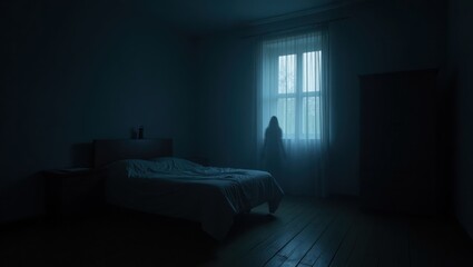 Silhouette of a figure by a window in a dimly lit bedroom.