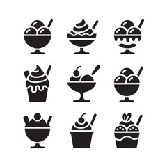 Fototapeta premium Collection of nine black silhouette icons representing various types of delicious ice cream desserts served in cups and bowls