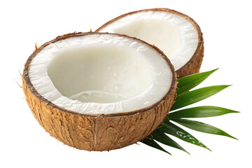 Fresh halved coconut with water droplets and green leaves