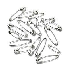 Silver Safety Pins Scattered on White Background - Sewing and Craft Supplies