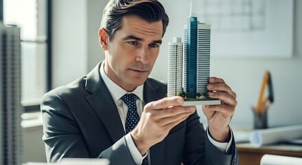 A thoughtful architect reviewing a building model. 
