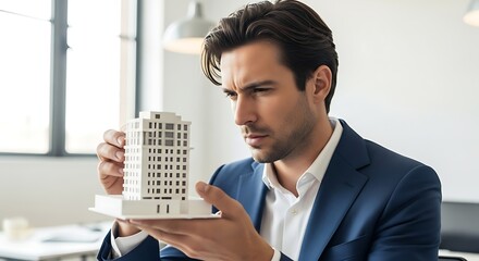 A focused architect reviewing a miniature building model. 