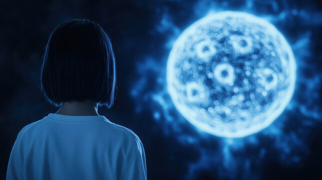 Child Gazing at a Beautiful Digital Starry Sky with Bright Blue Star in a Futuristic Cosmic Background Under Night Sky - Powered by Adobe