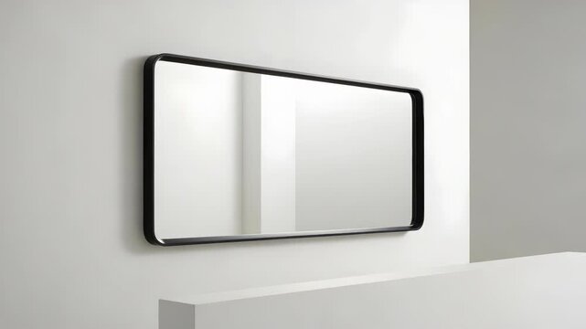 Rectangular Black Frame Mirror on Beige Wall Above White Console Table in Modern Interior Design