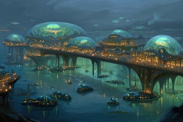 Submerged Futuristic City With Illuminated Domes
