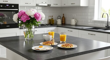 Breakfast on kitchen island with flowers and waffles