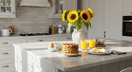 Sunflowers and breakfast on a white kitchen island