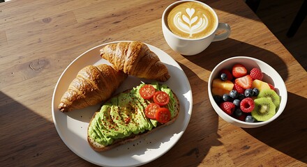 Breakfast with croissants avocado toast and fruit bowl