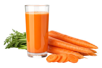 Freshly squeezed carrot juice in a tall glass next to whole and sliced carrots with leafy greens