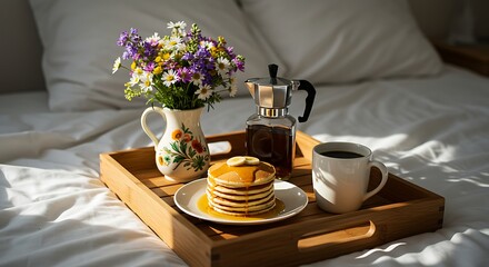 Breakfast tray with pancakes coffee and flower vase