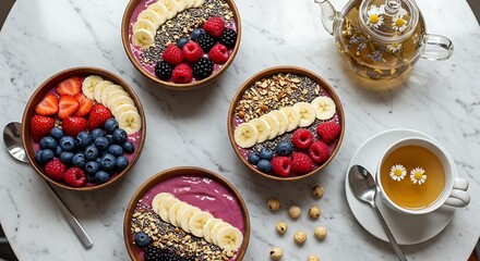 Overhead shot of fruit bowls and tea on marble table