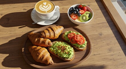 Breakfast with croissants avocado toast and fruit bowl