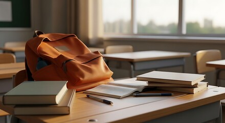 Classroom Essentials Backpack, Books, and Pen on a Wooden Desk in a Brightly Lit Classroom