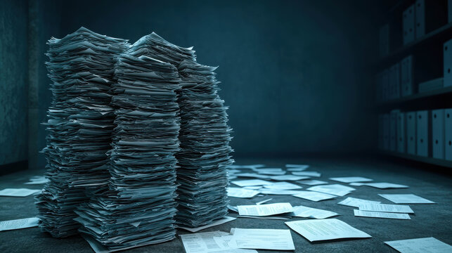 Converging Piles of Paperwork in a Dark Storage Room Representing Overwhelming Administrative Tasks and the Burden of Unorganized Files and Documents