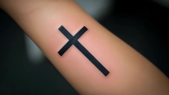 Black Christian Cross Tattoo on Fair Skin Forearm with Soft Dark Blurred Background