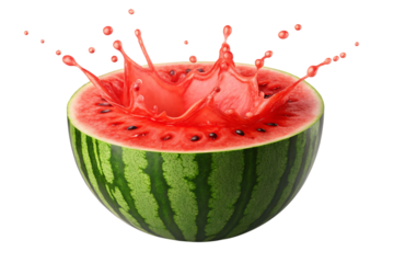 Juicy watermelon half with a vibrant splash of refreshing red juice in a dynamic motion.