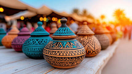 Colorful handmade clay pots with intricate designs at a vibrant outdoor market during sunset