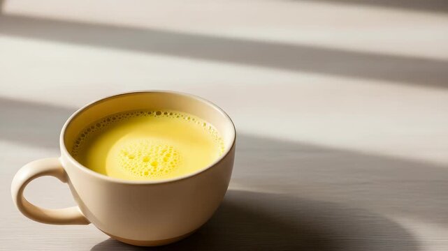Close Up Golden Milk in Beige Ceramic Mug on White Wooden Surface Lit by Sunlight
