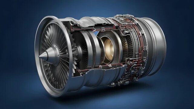 Detailed Jet Engine Sectional View Highlighting Intricate Mechanical Engineering on Dark Blue Gradient Background