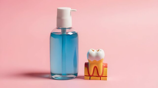 Dental Care Displaying Tooth Model and Mouthwash Bottle on Pink Background for Promoting Hygiene