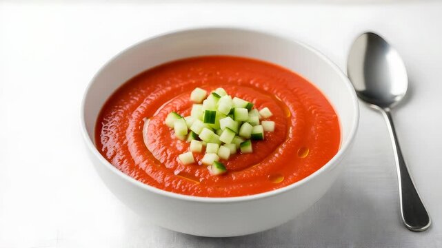 Fresh Tomato Gazpacho Garnished with Diced Cucumber in White Bowl with Silver Spoon on White Tabletop