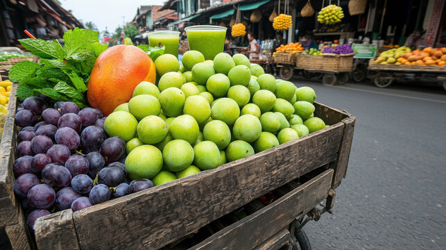 Vibrant Fruit Market Scene with Fresh Produce Including Green Apples, Plums, Mangoes, and Refreshing Smoothies in a Bustling Outdoor Setting - Powered by Adobe